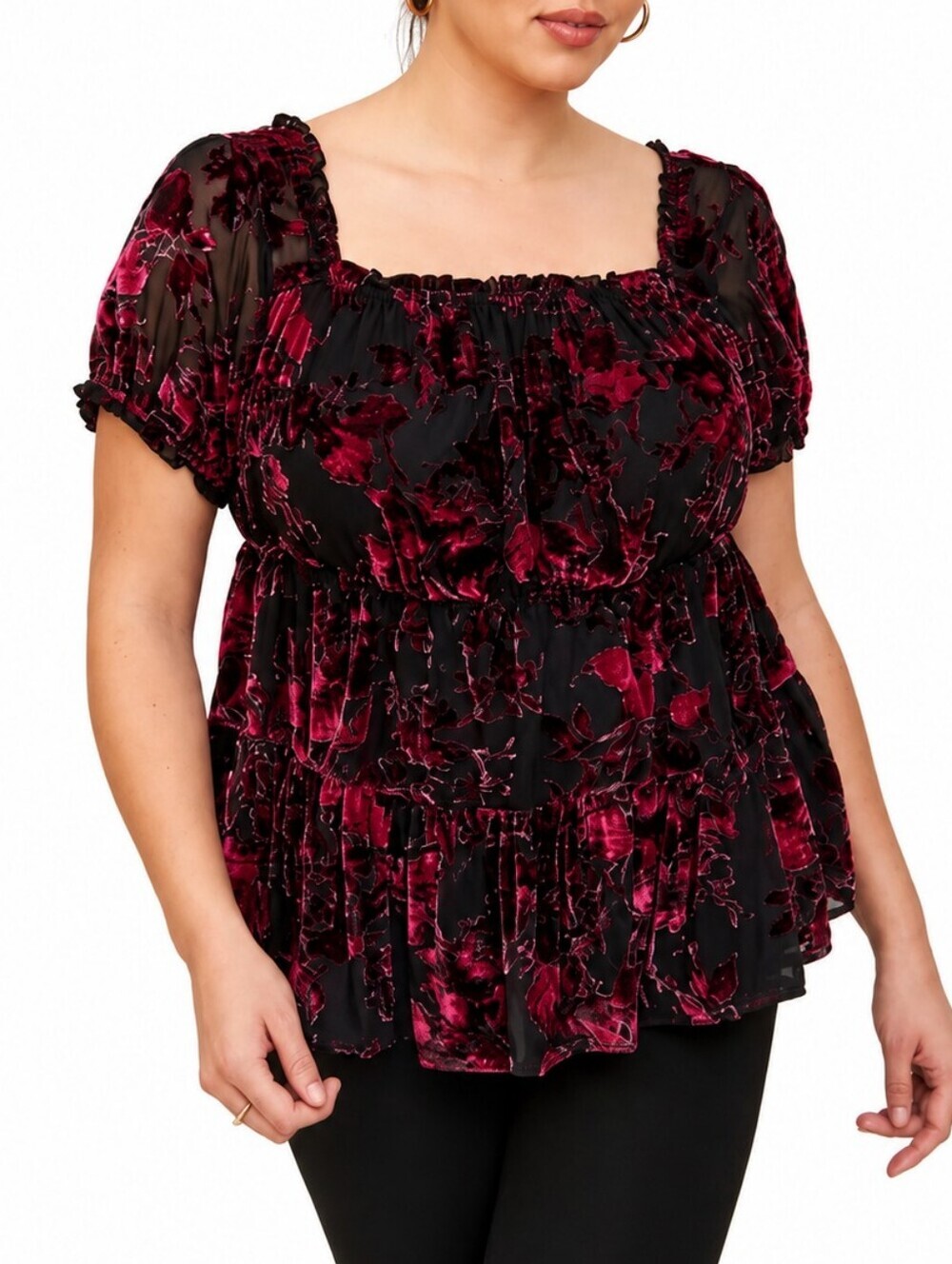 torrid Black Top with Velvet Rose Floral Burnout